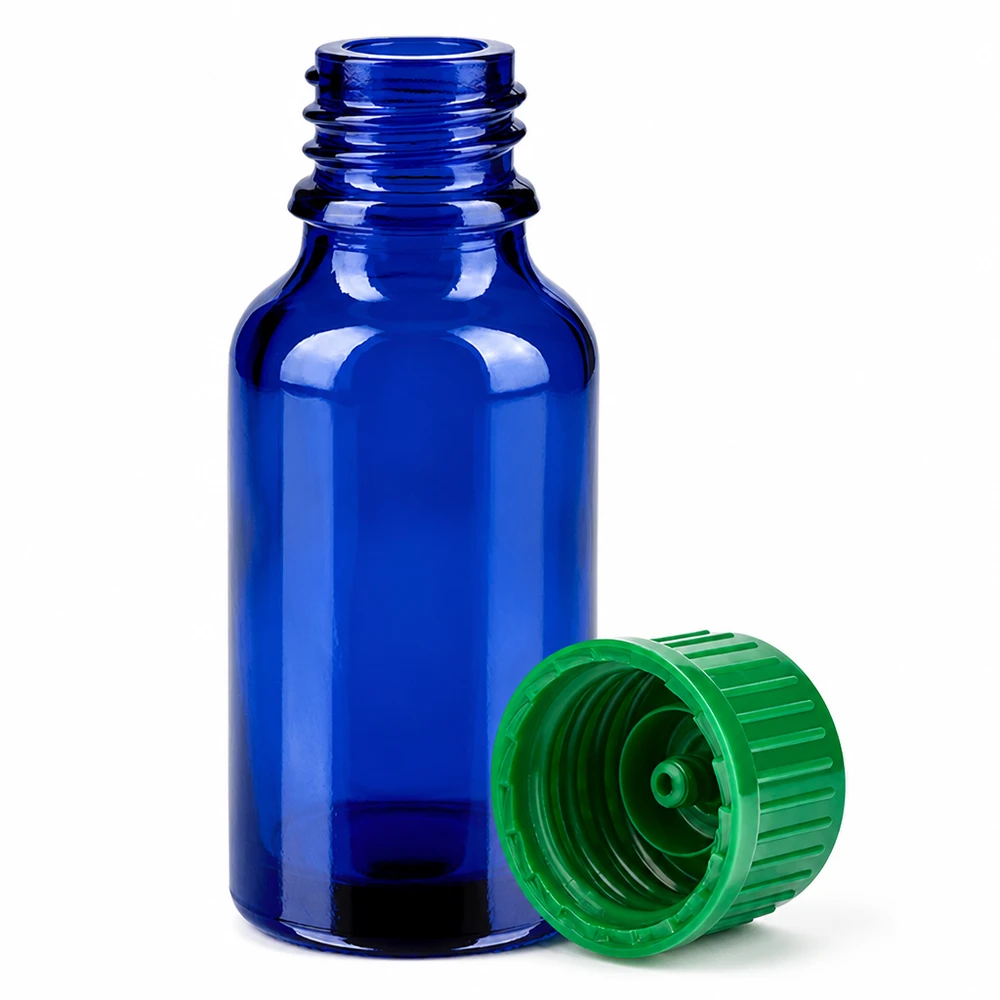 Pieni 20ml laboratoriopullo sinisestä lasista, jossa on 11mm vakiokierre, vihreä korkki BlueLine