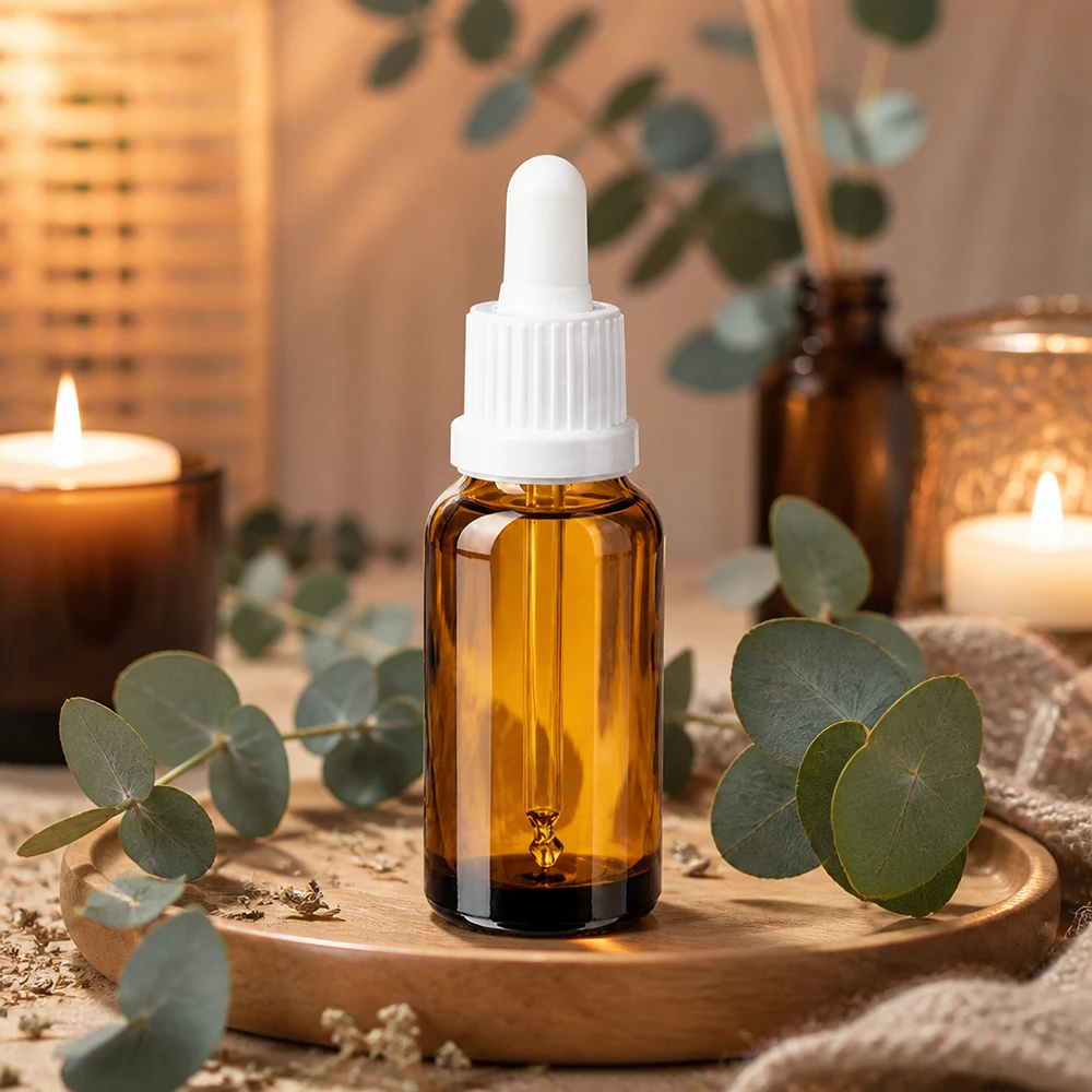 20ml meripihkanvärinen lasipullo valkoisella pipetillä - ihanteellinen koko aromaterapia- ja kosmetiikkatuotteille.