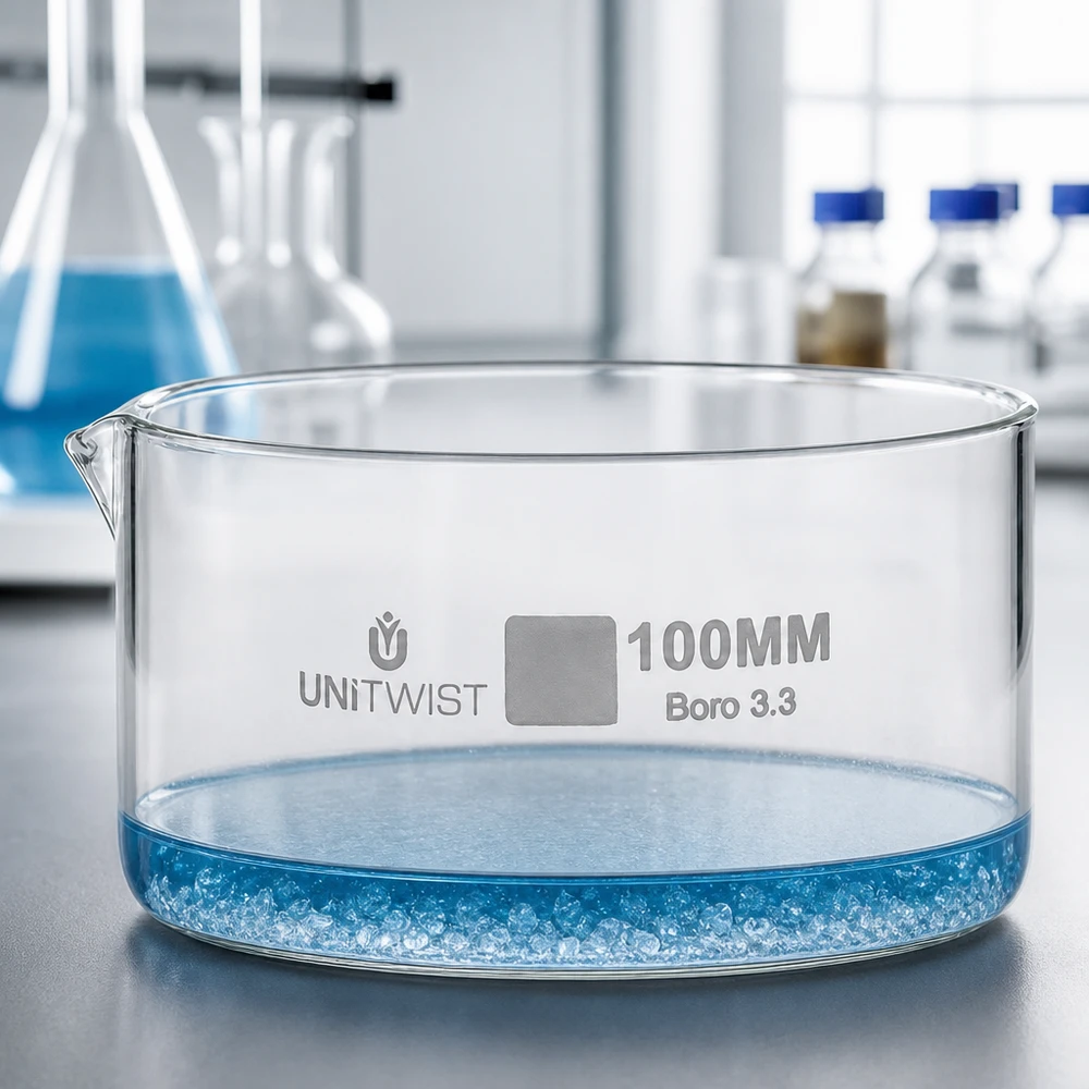 Kiteytysastia ø100mm borosilikaattilasi UNiTWIST UNiTWIST UNiTWIST kiteytysastia 100 mm, Boro 3.3, litteä malli, matala reuna, laboratoriolasia, läpinäkyvä