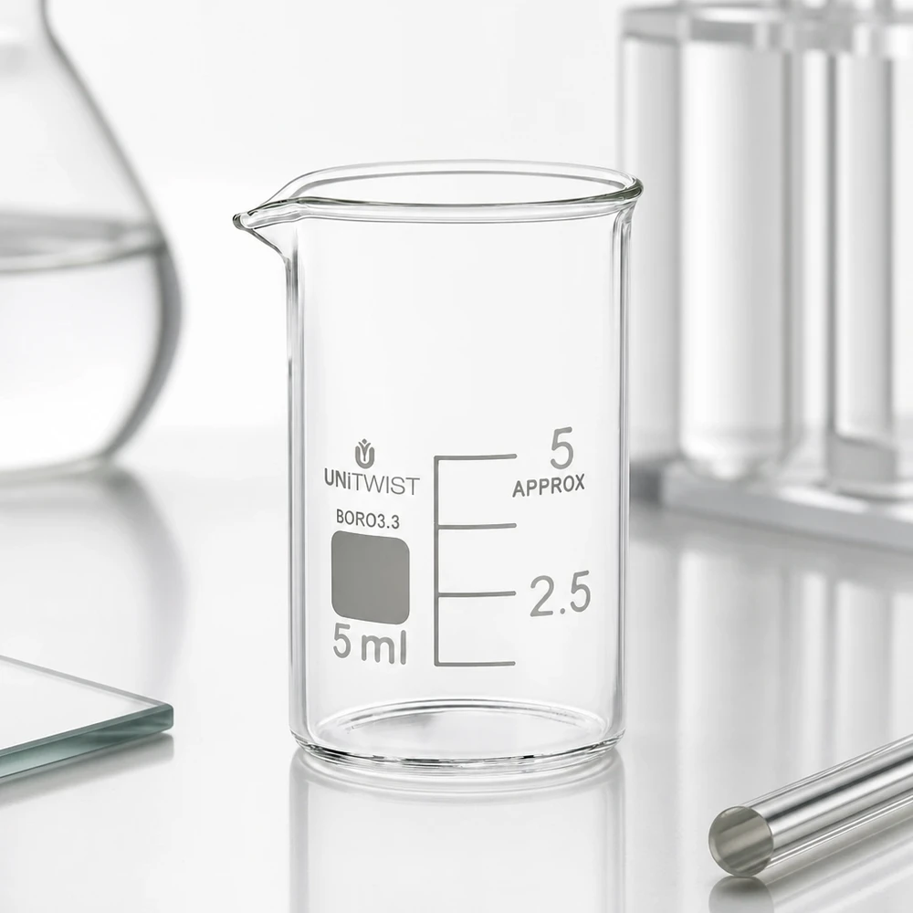 5 ml:n dekantterilasi, borosilikaattilasi, matala muoto UNiTWIST UNiTWIST Läpinäkyvä 5 ml:n lasimalja, borosilikaattilasia 3.3, matala malli, jossa on näkyvä millilitran asteikko