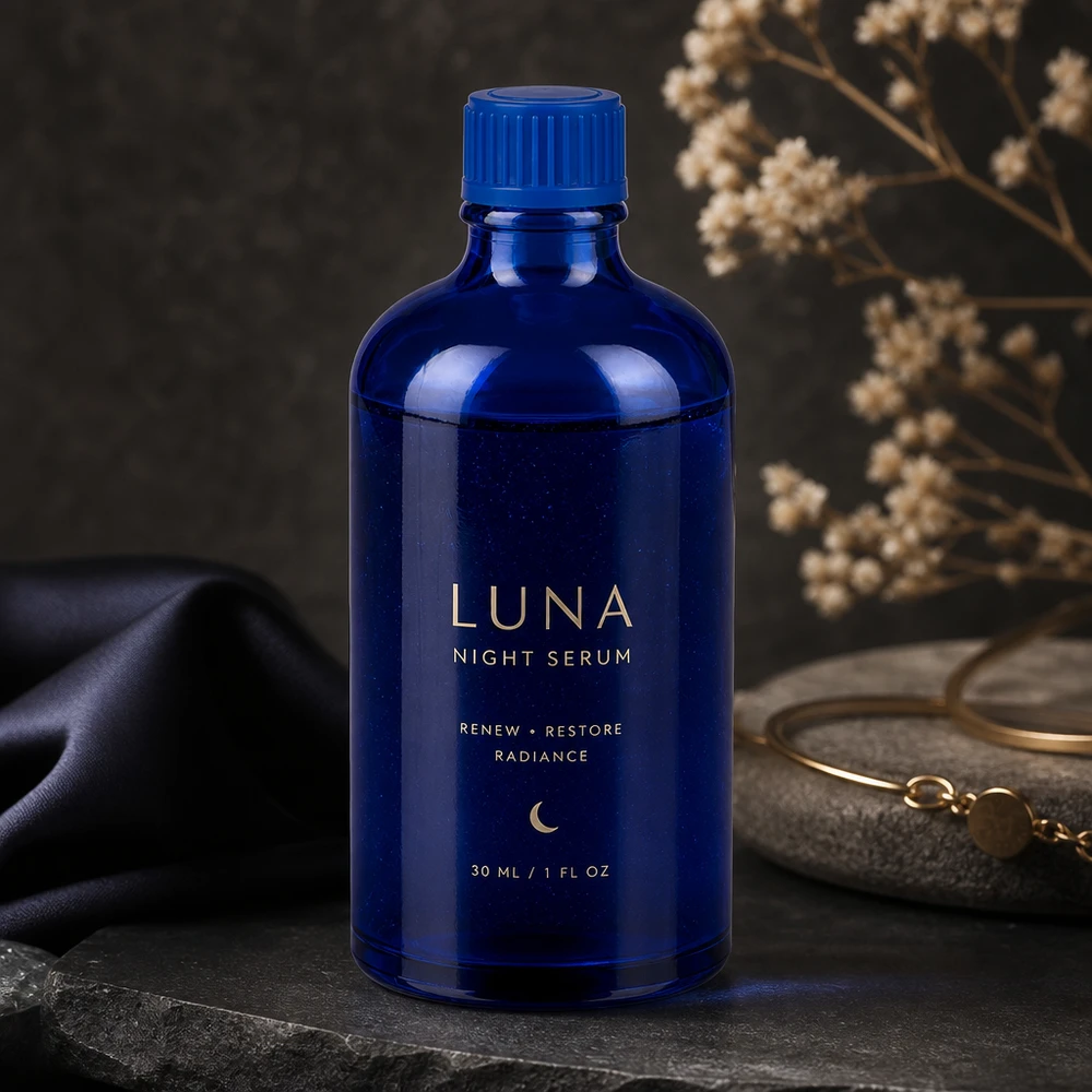 Kevyt 100ml kosmetiikkapullo UV-suojattua sinistä lasia seerumeille ja öljyille.