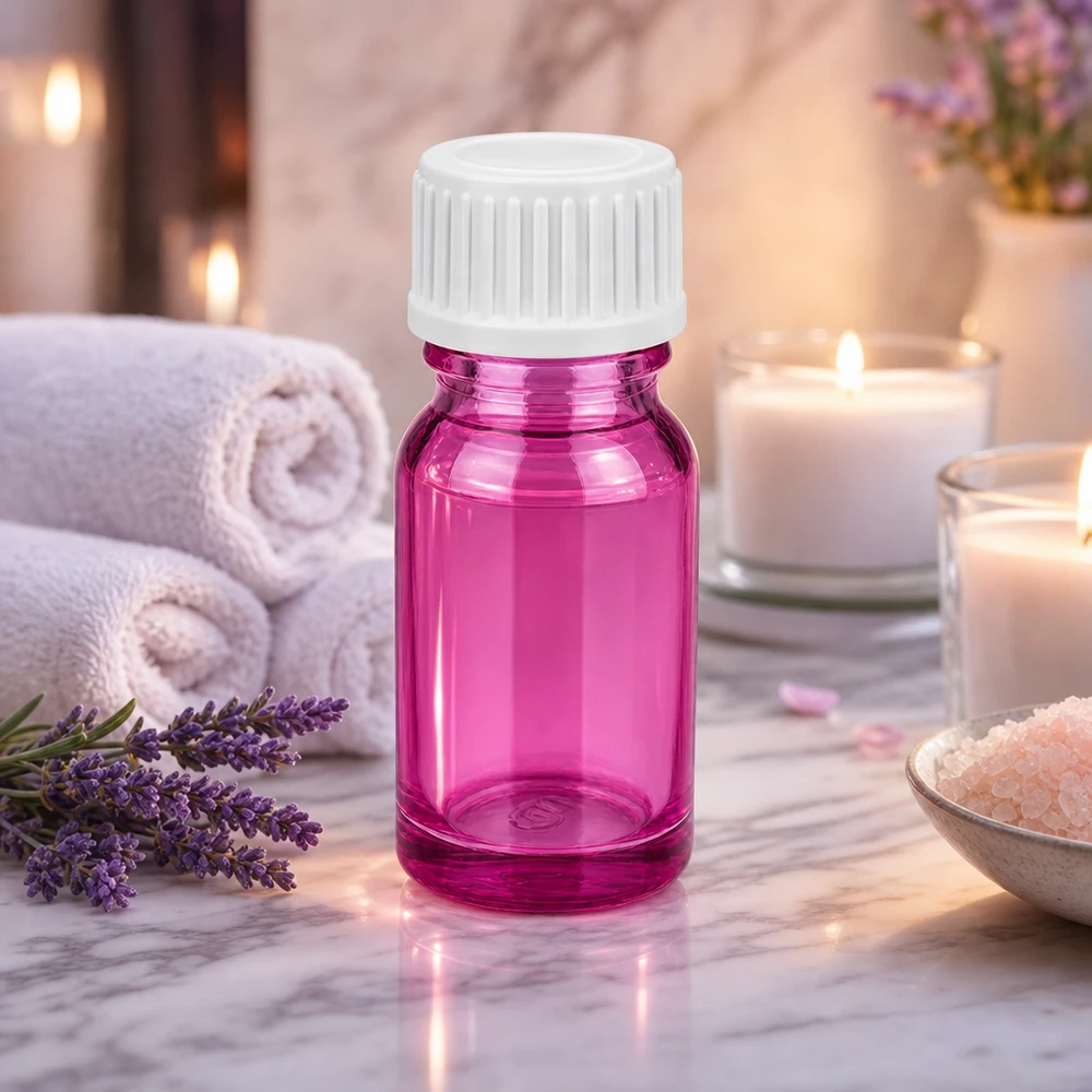 Kompakti 10ml violetti lasipullo, jossa on vakiokierre DIY-kosmetiikkaan ja ihonhoitoon.