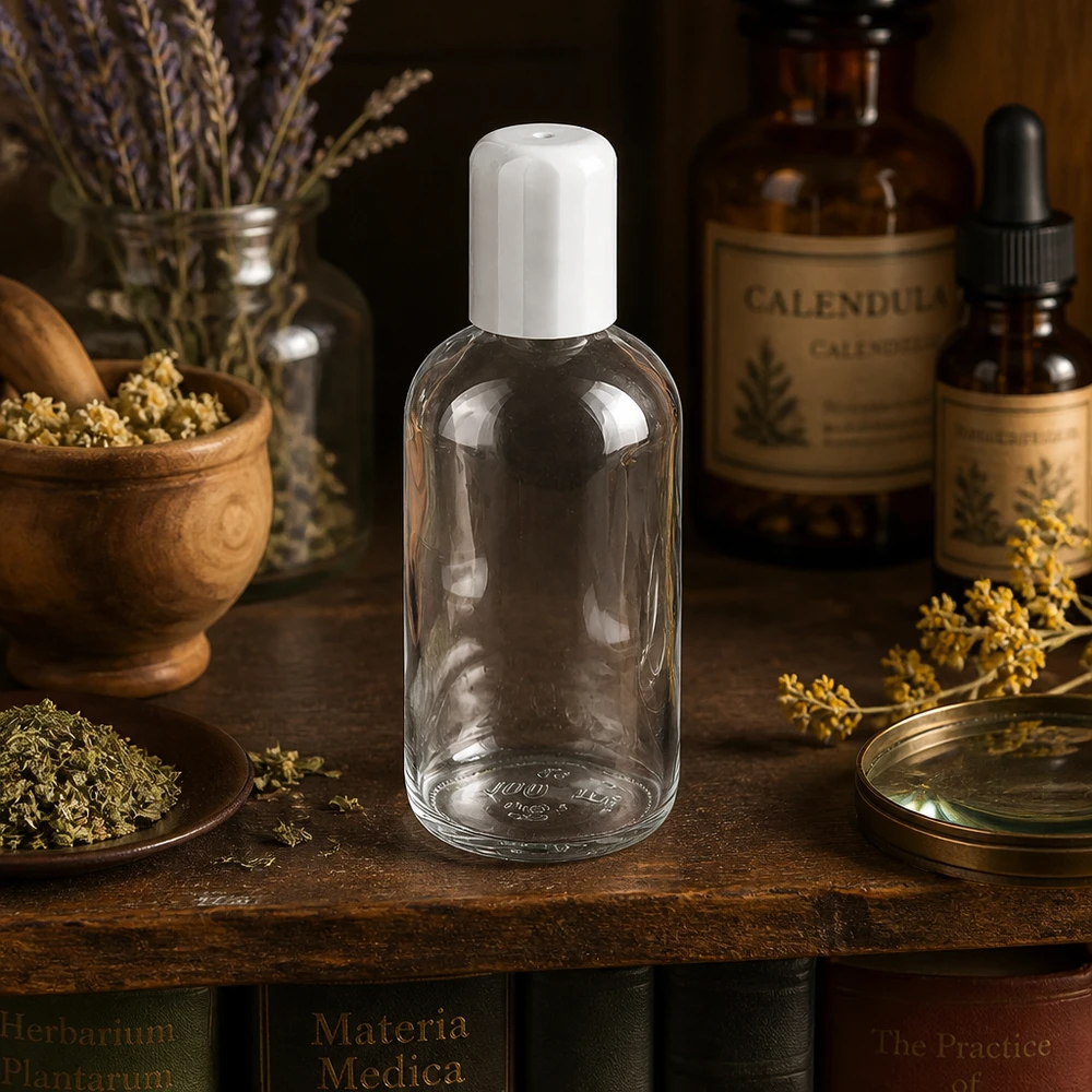 100 ml:n rullapullo ClearLine UT18/100, valkoinen, puupöydällä, jossa on yrttejä ja lääkekasveja