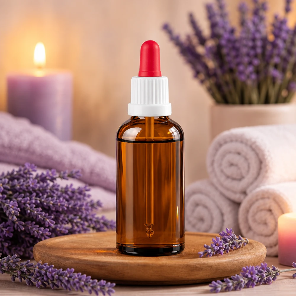 Kompakti 50ml meripihkalasipullo, jossa on pipettikorkki aromaterapiasovelluksiin.