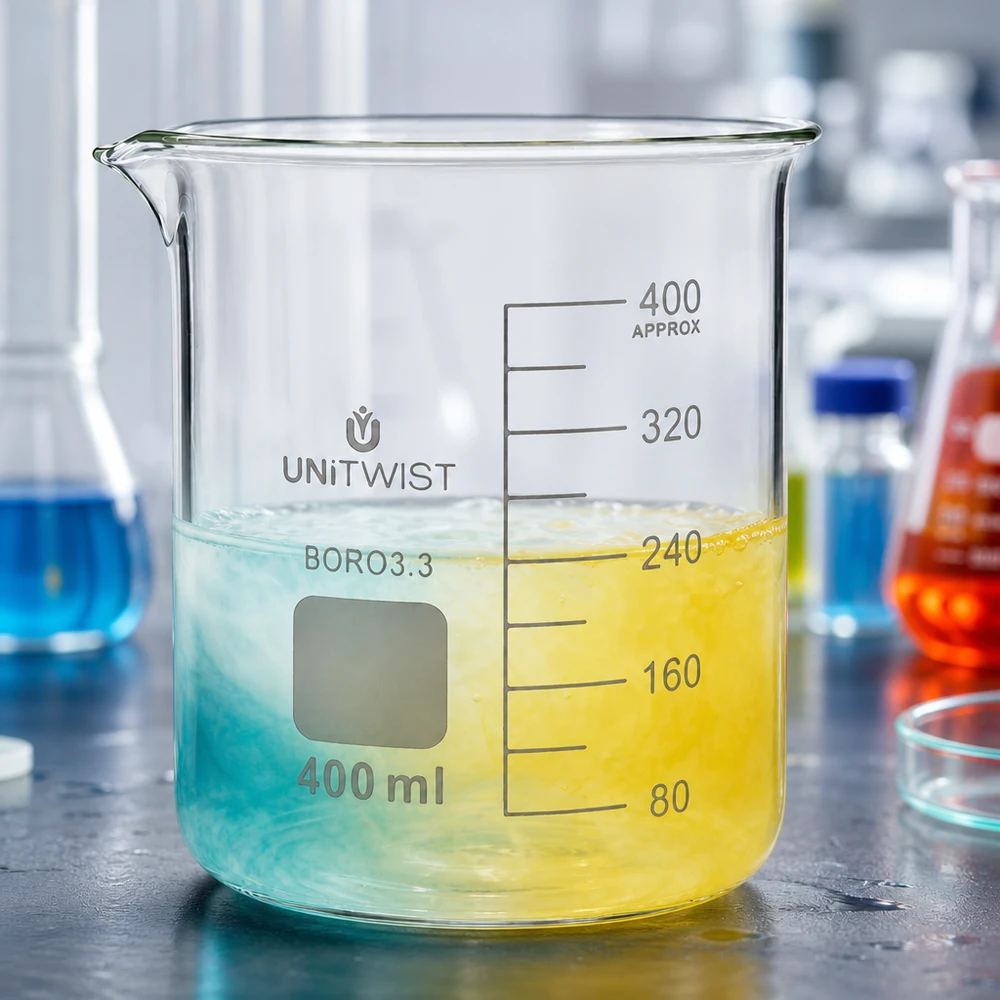 UNiTWIST-lasimalja, 400 ml, borosilikaattia, jossa on sinistä ja keltaista nestettä laboratoriossa