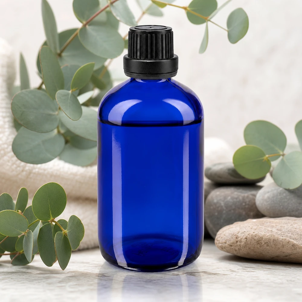 Pyöreä sininen apteekkipullo, 100 ml, jossa on lapsiturvallinen muovinen kierrekorkki