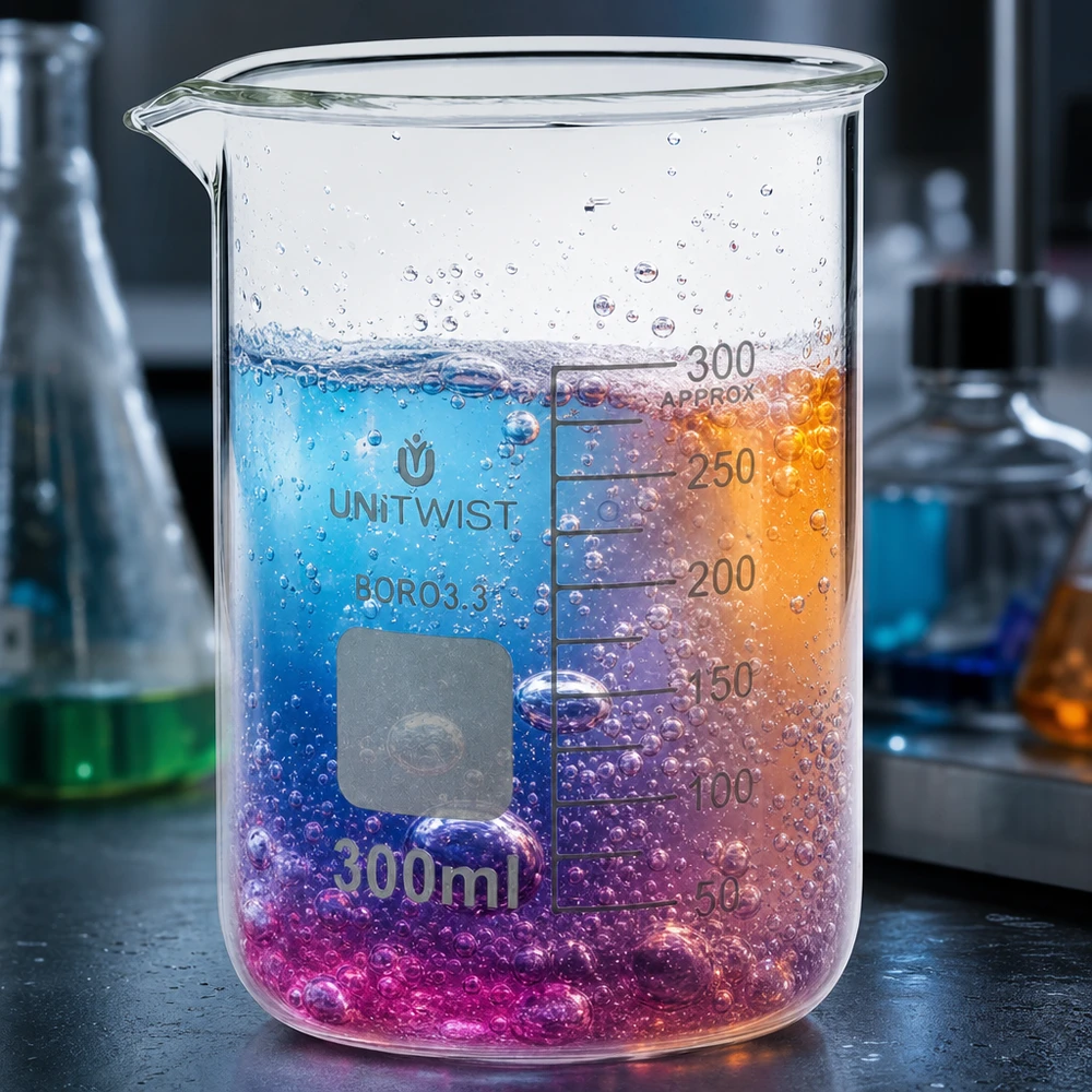 UNiTWIST-lasikulho 300 ml, jossa on värikäs väriliukuma vaaleanpunaisesta violetin kautta oranssiin laboratoriossa