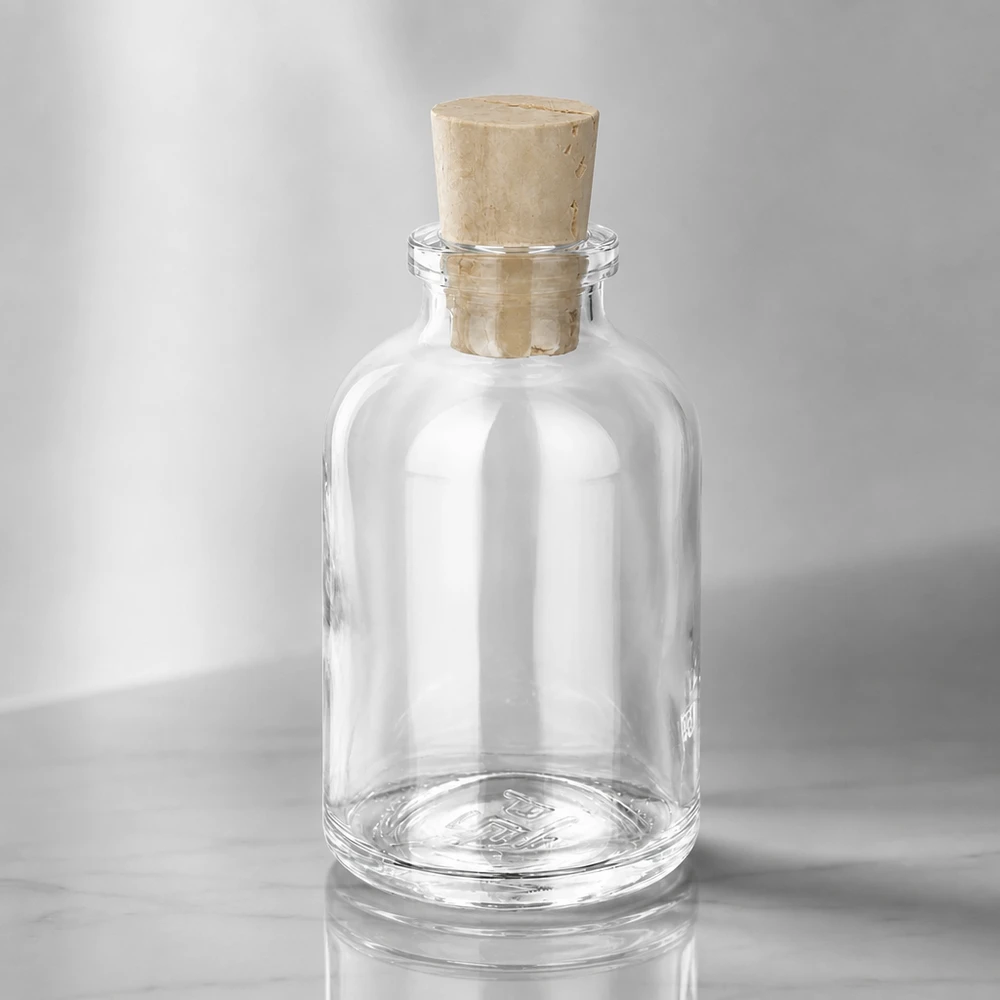 Hochwertige Glasflasche 50ml mit luftdichtem Korken 11/14mm seitliche Ansicht