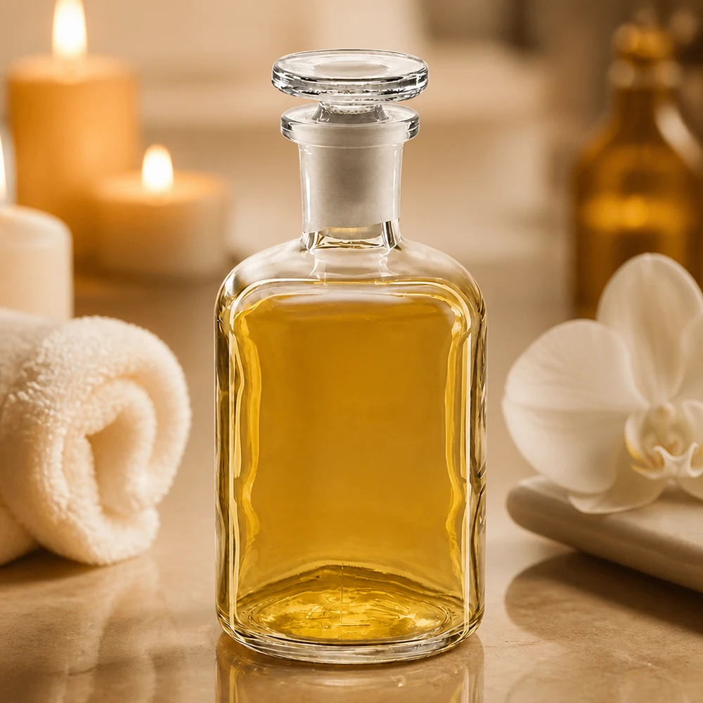 100 ml:n lasipullo, neliönmuotoinen, kapeakaulainen, lasikorkki, eteerisille öljyille, spa