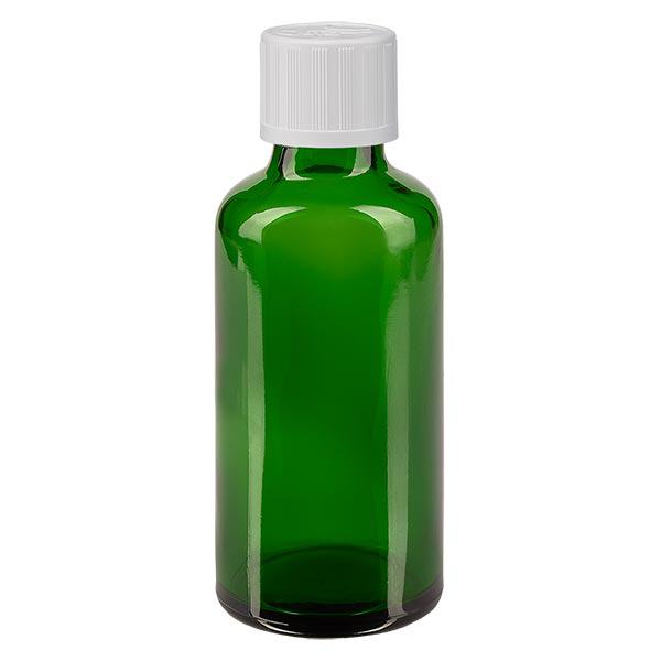Apteekkipullo vihreä 50ml tiputuskorkki valkoinen lapsiturvallinen standardi