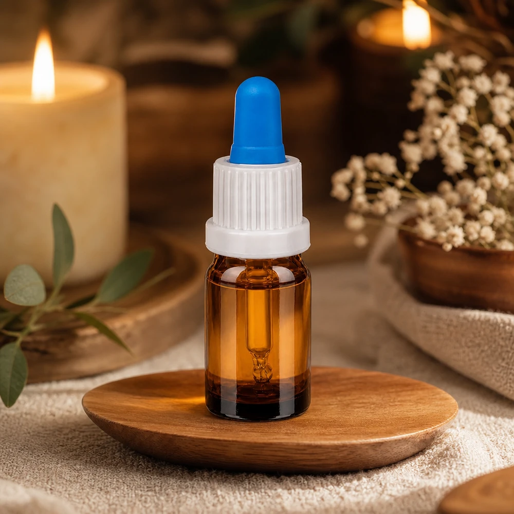 5ml pipettipullo valkoinen/sininen väärentämisen estävä sulkeminen BrownLine UT18/5 Tyylikäs 5 ml:n pipettipullo lämpimästä meripihkalasista, jossa on tyylikäs valkoinen kierrekorkki ja sininen tiputin.