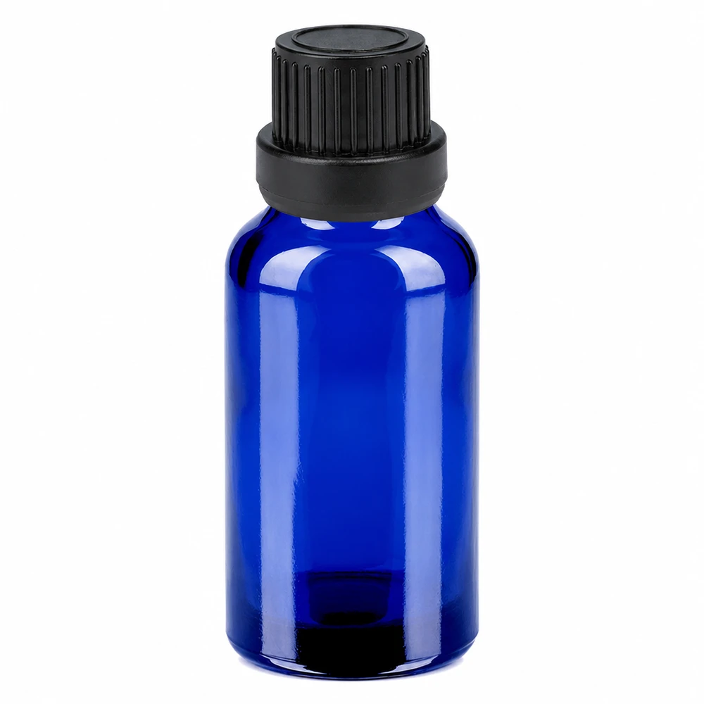 20ml sininen lasipullo mustalla kierrekorkilla eteerisille öljyille ja kosmetiikalle.