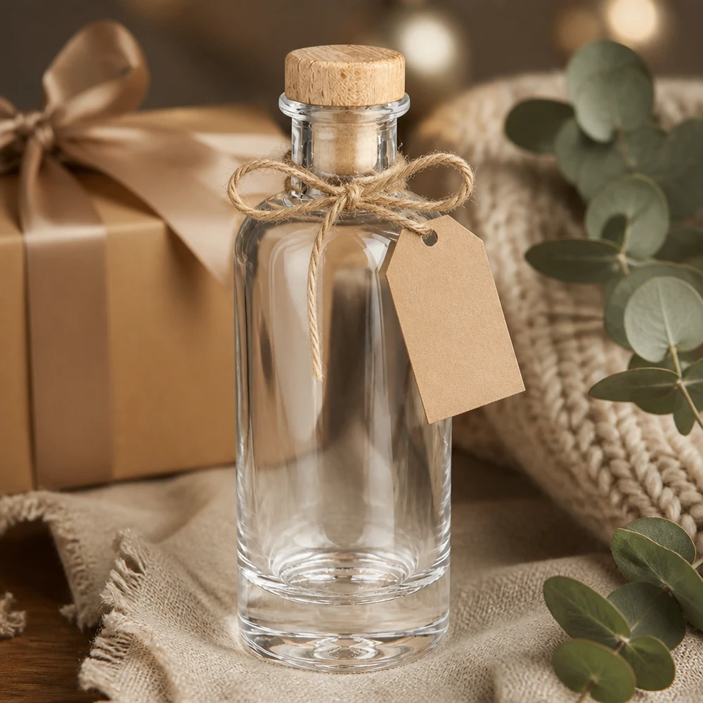 200ml Glasflasche "Ella" mit Holzgriff-Korken UNiTWIST 200ml Glasflasche Ella leer mit Holzkorken und Geschenkanhänger dekorativ arrangiert mit Eukalyptus und Geschenkbox