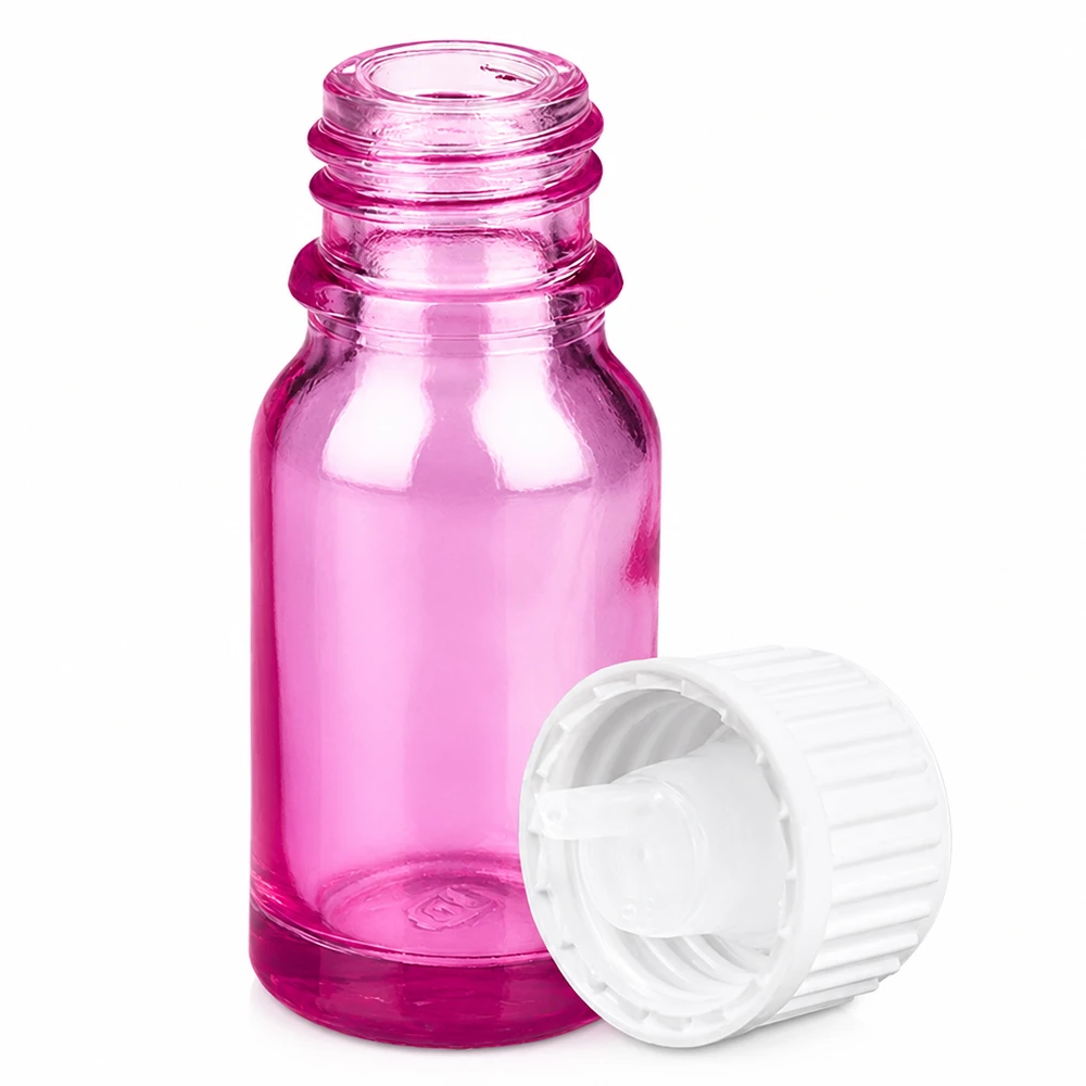 10ml tippapullo 0,9mm valkoinen standardi PurpleLine. UT18/10 Purppuranpunainen lasipullo 10ml, jossa 0.9mm tippa ja valkoinen korkki eteerisille öljyille.