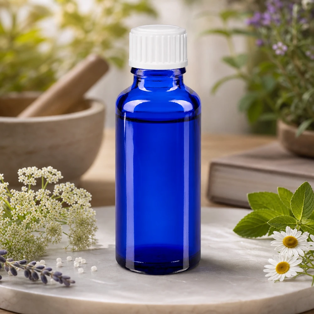 Apteekkipullo sininen 30ml ruuvikorkki valkoinen standardi Pieni sininen apteekkipullo, 30 ml, valkoisella vakiokorkilla, lääkekasvien joukossa
