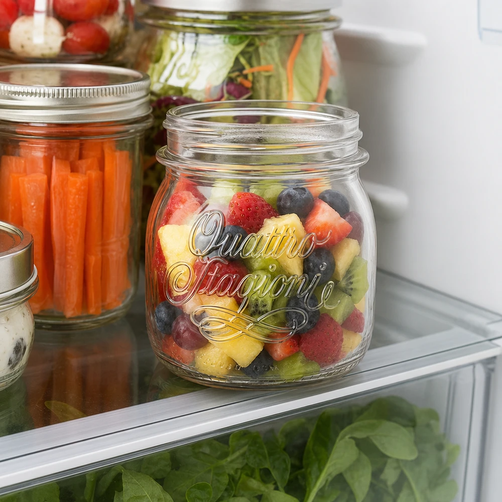 250ml pyöreä purkki "Quattro Stagioni" QS70mm. 250ml Quattro Stagioni Einmachglas mit buntem Obstsalat im Kühlschrank - perfekt für Meal Prep und Vorratshaltung