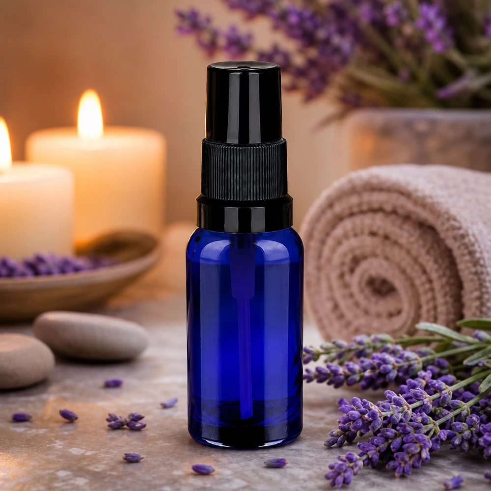 Elegantti sininen lasinen 20ml suihkepullo mustalla suihkulaitteella eteerisille öljyille ja kosmetiikalle.