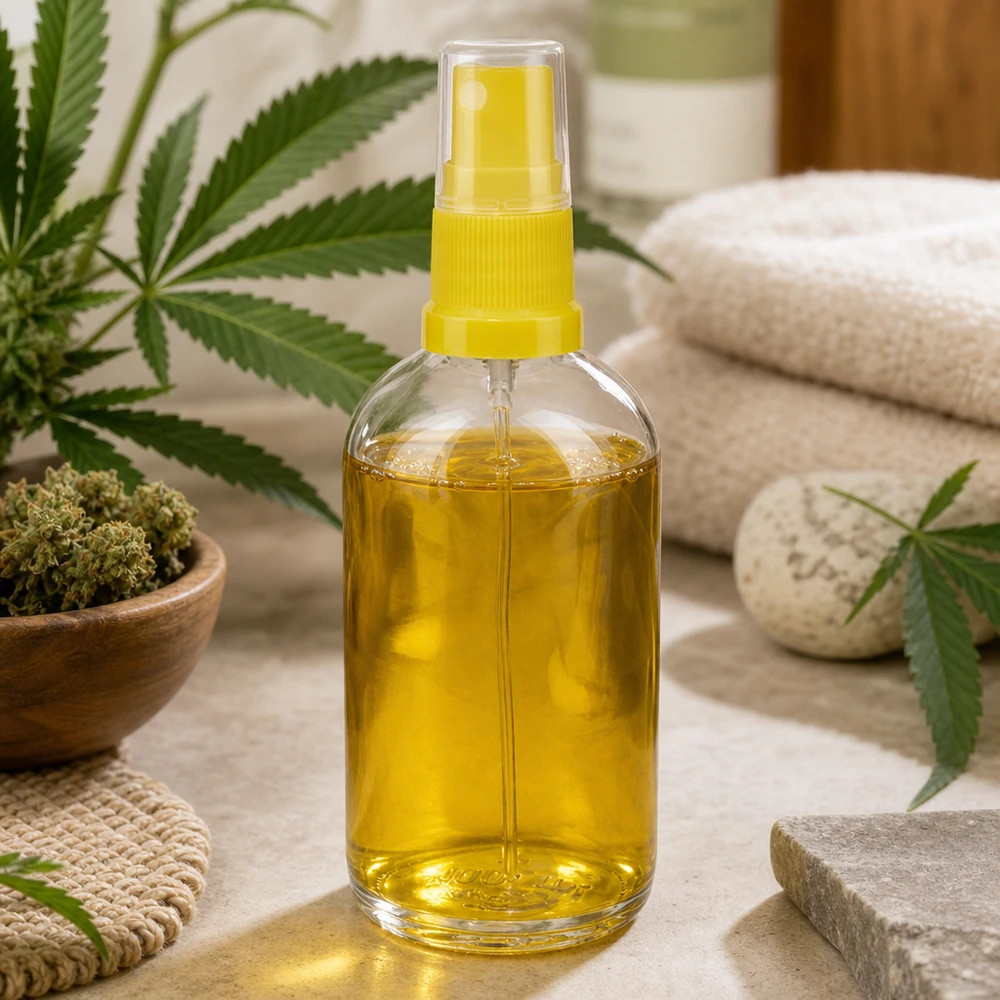 Keltainen 100 ml:n ClearLine UT18 -suihkepullo, joka on täytetty kannabiksen öljyllä ja asetettu luonnonkivelle
