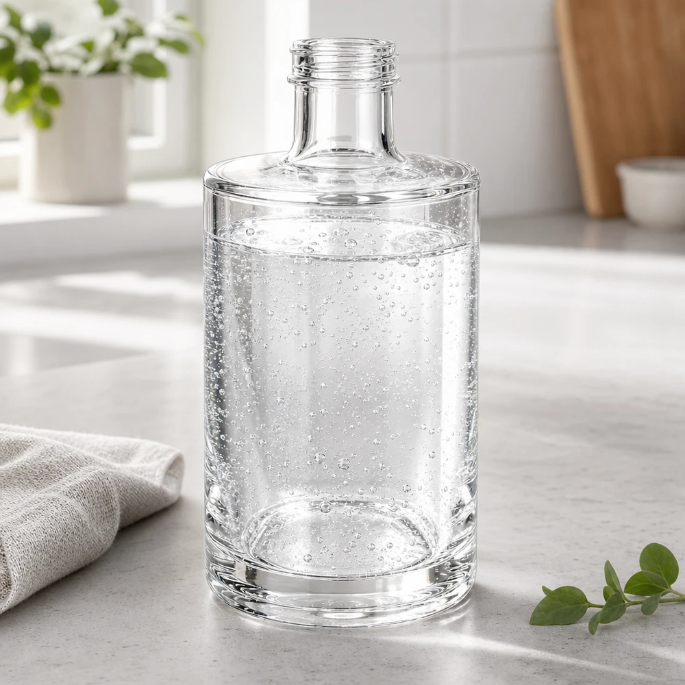 375ml Glasflasche "Sam" ohne Schraubverschluss UNiTWIST Samin 375 ml:n lasipullo täynnä kuohuvaa vettä vaalealla keittiön työtasolla, jossa on keittiöpyyhe ja kasvi.