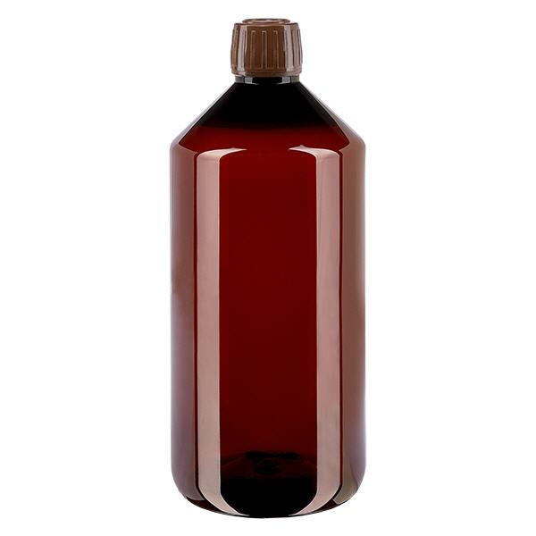 PET-pullo 1000ml, jossa ruskea väärentämisen estävä korkki PET-pullo 1000ml, jossa ruskea väärentämisen estävä korkki