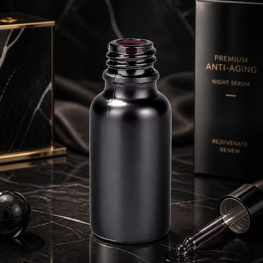 20ml BlackLine apteekkipullo UT18/20, jossa on tyylikäs musta lasinen muotoilu ensiluokkaiselle kosmetiikalle.