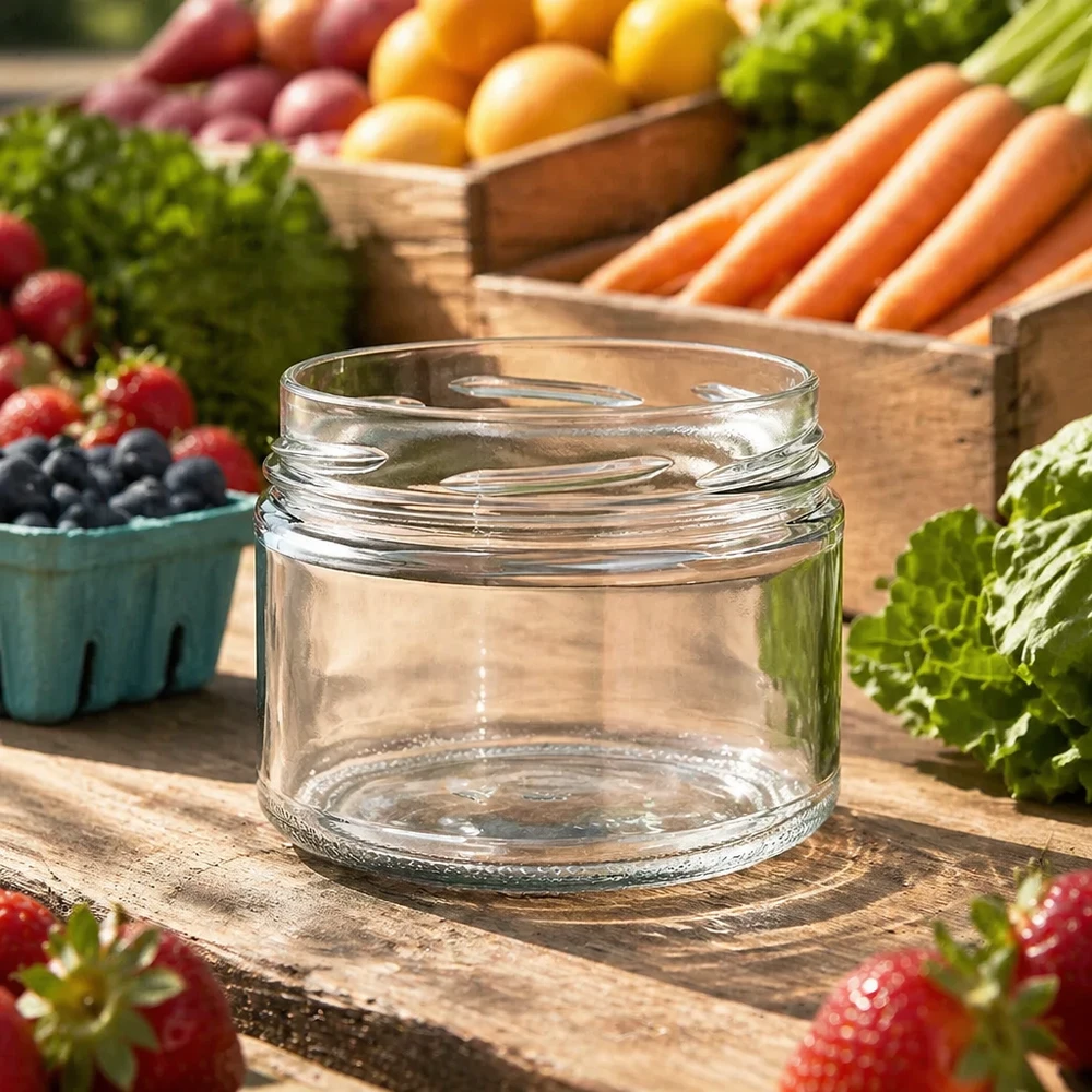 540ml pyöreä purkki ilman kantta (TO100) UNiTWIST UNiTWIST Tyhjät UNiTWIST Runda540 540ml TO100 -mukit puupöydällä, taustalla tuoreita hedelmiä ja vihanneksia.