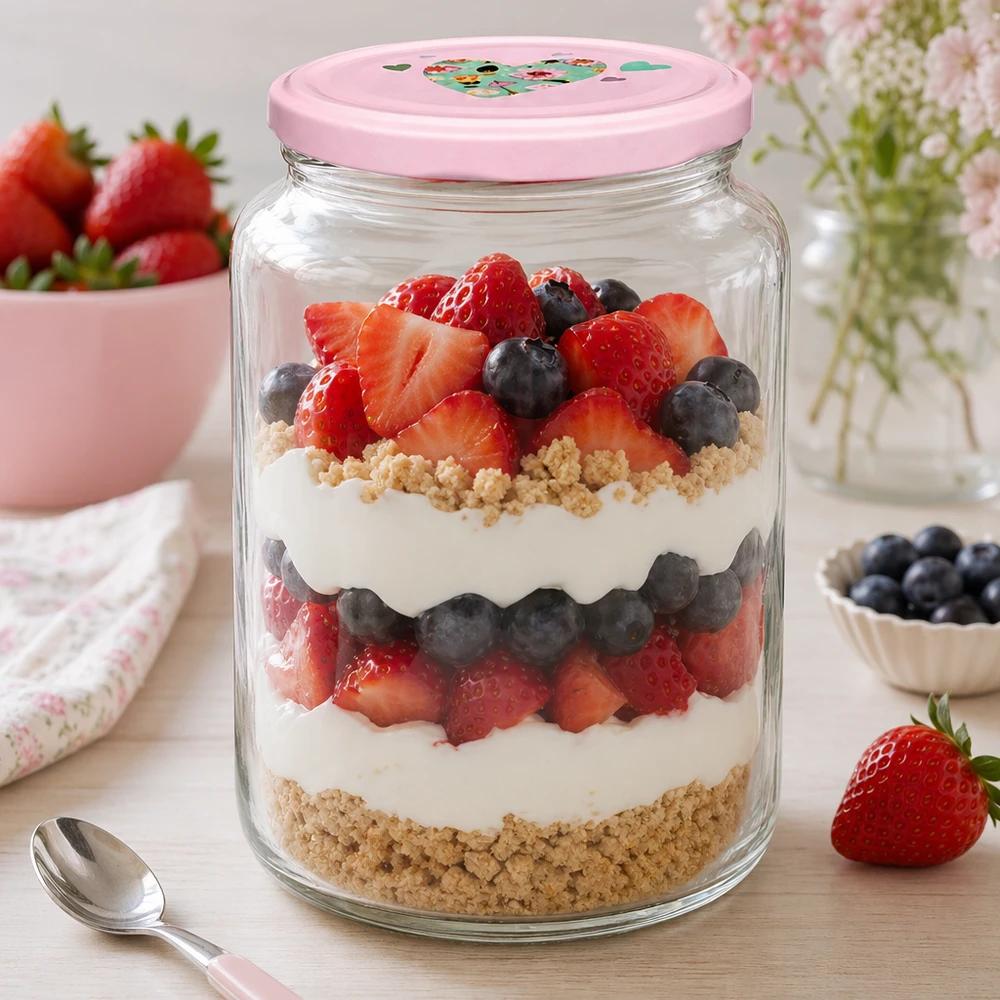795ml pyöreä purkki + BasicSeal kansi sydän vaaleanpunainen UNiTWIST Rundglas 795ml mit rosa Herzdeckel gefüllt mit Beeren-Schichtdessert Parfait Anwendungsbeispiel für Desserts und Süßspei