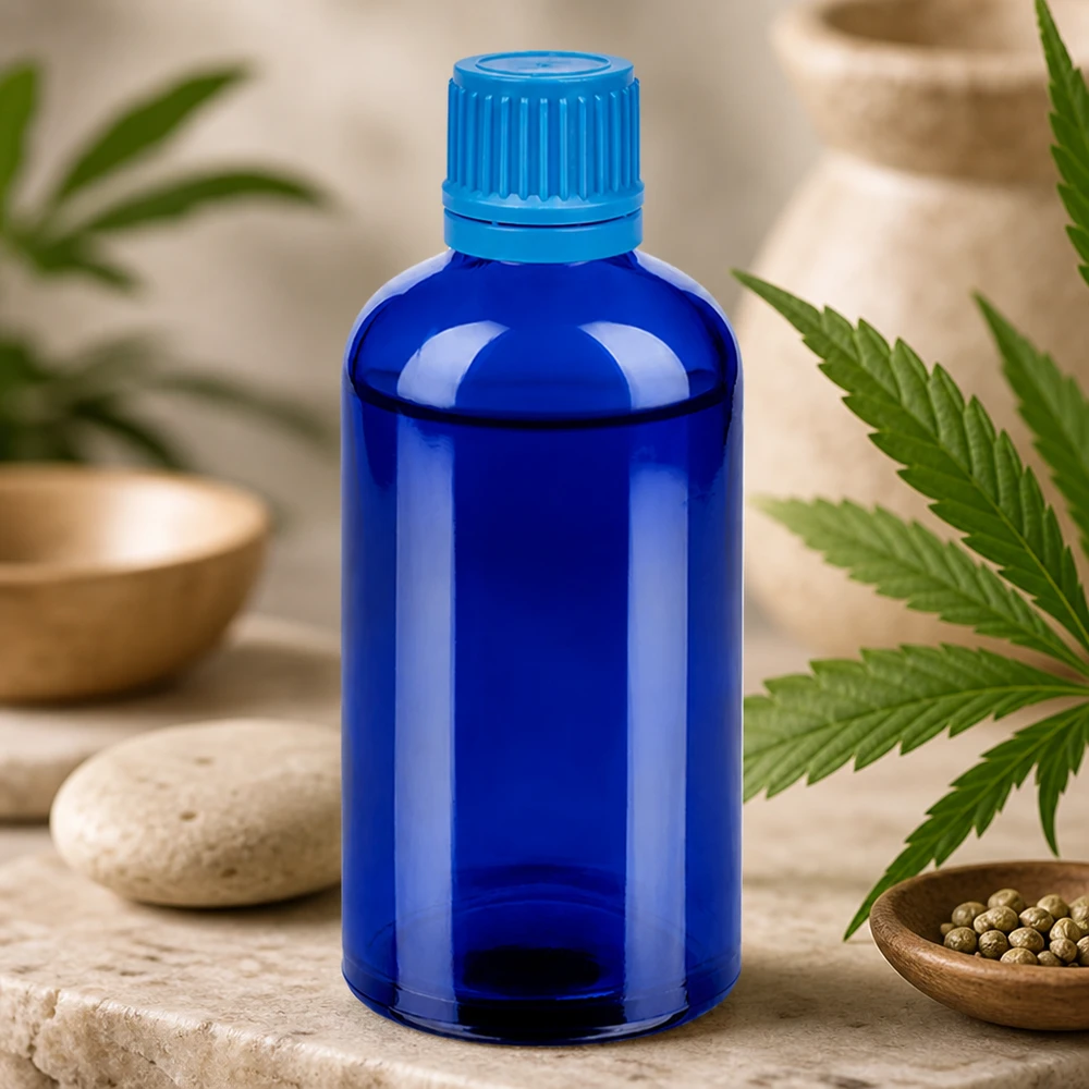 Farmaseuttinen 100ml BlueLine-lasipullo, jossa on peukalointitodiste ja UT18-kierre.