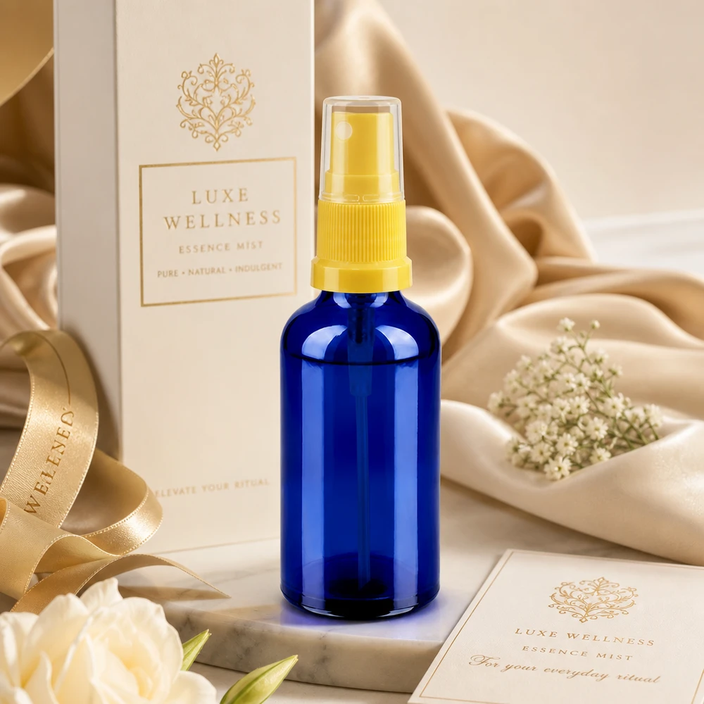50ml suihkepullo keltainen/läpinäkyvä vakiokorkki BlueLine UT18/50 STD BlueLine suihkepullo 50ml UT18 kierteellä - ammattilaatua hyvinvointiin ja aromaterapiaan.