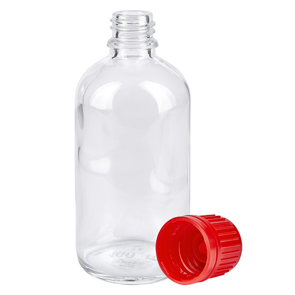 100ml pullo 11mm kierrekorkki punainen väärentämisen estävä korkki ClearLine UT18/100 100 ml:n ClearLine-lasipullo UT18, jossa on punainen lapsiturvakorkki 11 mm, avattu