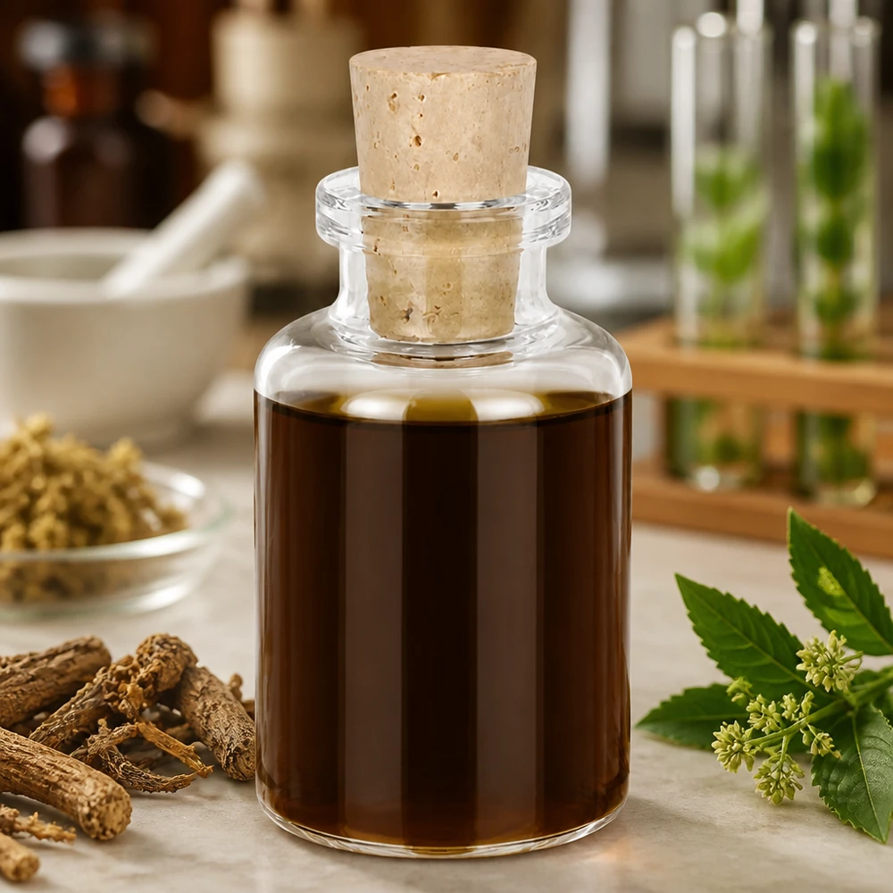 Kirkas lasipullo 30ml, jossa korkki 11/14mm Handliche Klarglasflasche 30ml mit Naturkorken auf Marmorfläche mit botanischen Zutaten