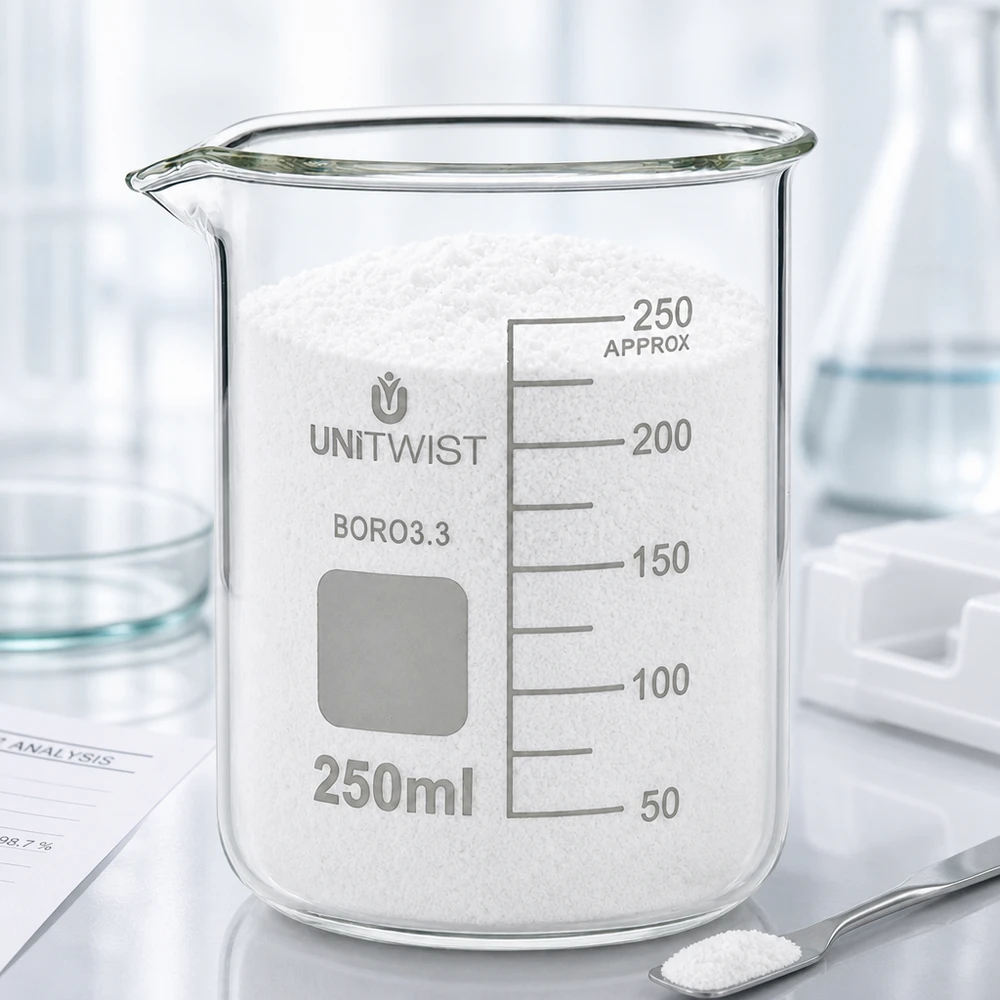 250 ml borosilikaattilasi, matala muotti UNiTWIST 250 ml:n matala koeputki, joka on täytetty valkoisella jauheella, UNiTWIST-laboratoriotelineellä