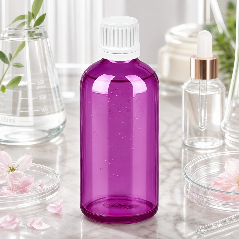 100ml pullo 11mm kierrekorkki valkoinen Alkuperäinen kierrekorkki PurpleLine UT18/100 100ml PurpleLine-pullo tyylikkäässä violetissa värissä ja valkoisella 11mm kierrekorkilla laboratoriosovelluksiin.