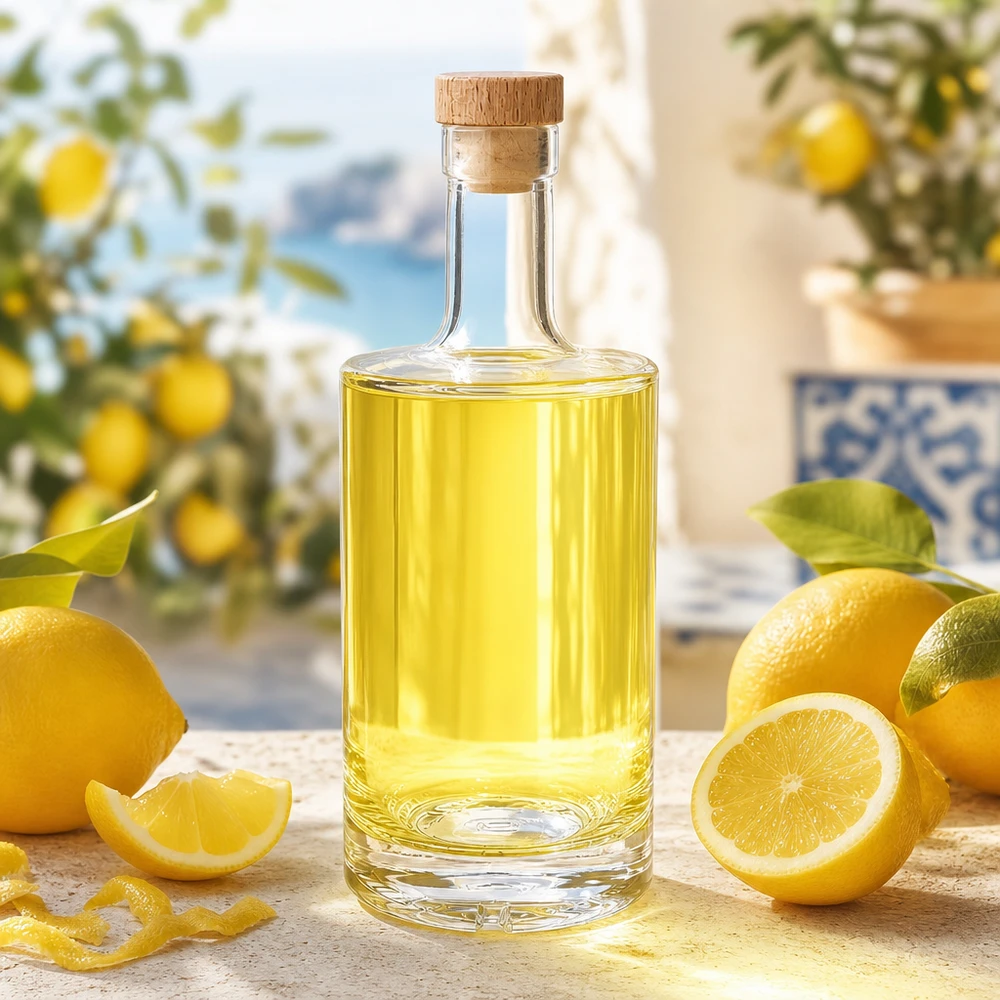 500ml Glasflasche "Passion" mit Holzgriffkorken UNiTWIST® 500ml lasipullo Nora täynnä sitruunalikööriä Välimeren koristelu puukorkki UNiTWIST sitrushedelmät
