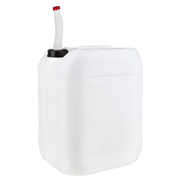 20 litran kanisteri, jossa on Flex-ulostuloputki.