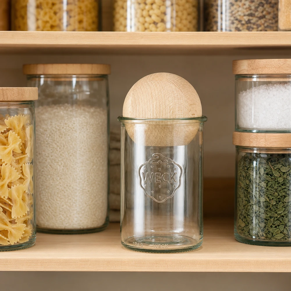 1000 ml:n juomalasit WECK RR100, jossa on puupallo pyökkiä. WECK Vorratsglas 1000ml RR100 mit Buchenkugel in moderner Küche zwischen Pasta, Reis und Gewürzen zur stilvollen Aufbewa