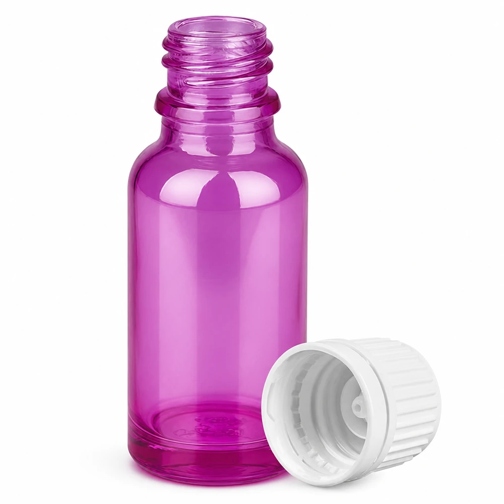 20ml pullo 11mm kierrekorkki valkoinen Originality kierrekorkki PurpleLine UT18/20 Pieni 20 ml:n tippapullo violetista lasia, jossa on valkoinen korkki tarkkaa annostelua varten.