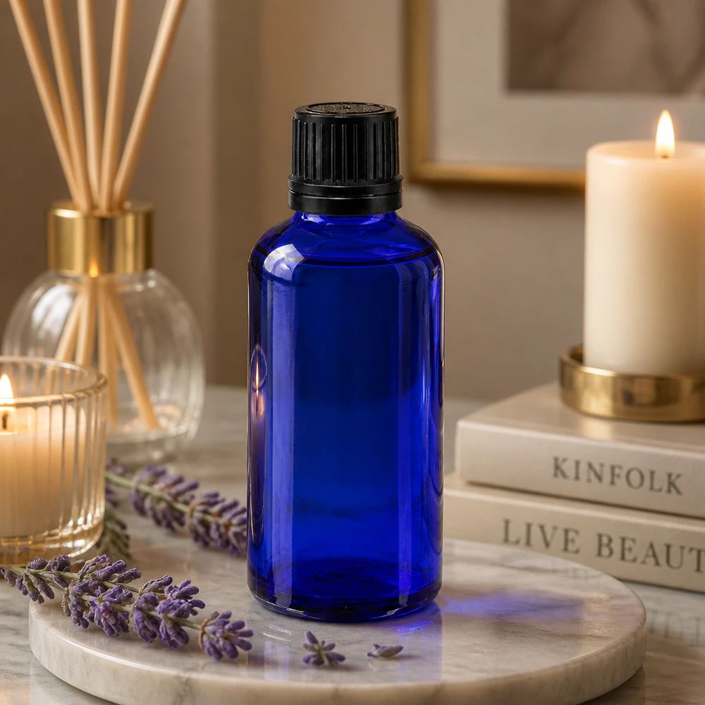 Apteekkipullo sininen 50ml tippapullo korkki kaaderengas 1mm musta peukaloinninesto sulkeminen 50 ml:n sininen apteekkipullo alkuperäiskorkilla, laventelikukkien ja tuoksukynttilöiden vieressä