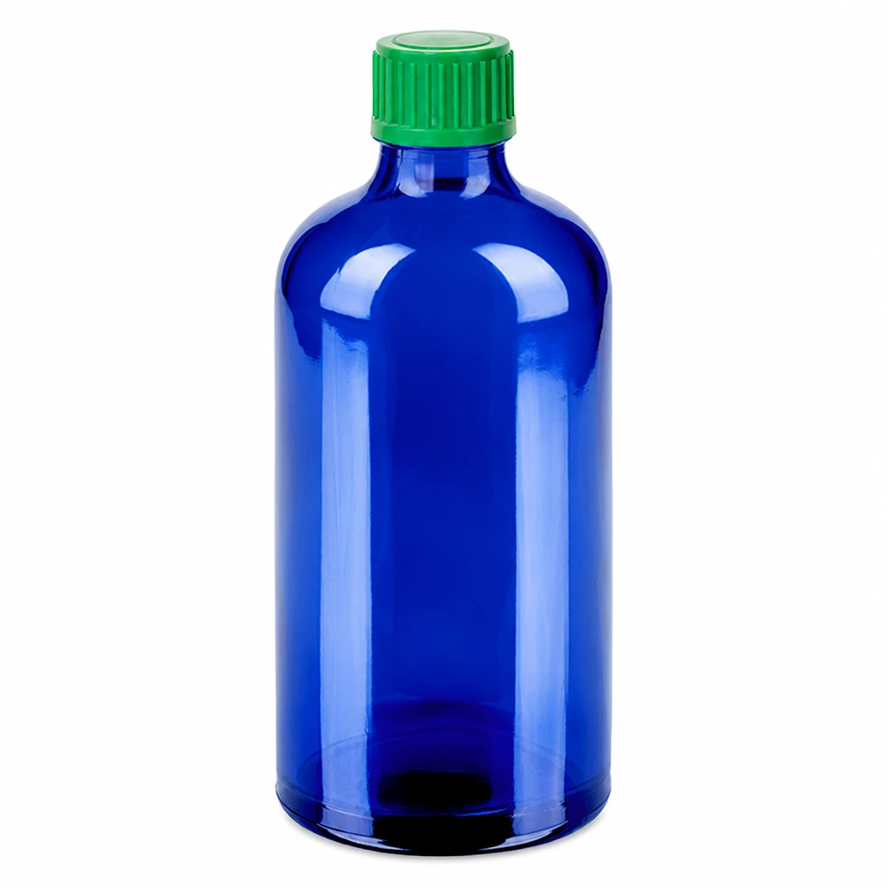 Sininen tippapullo 100ml, jossa on vihreä korkki ja 0,8 mm:n tippaeriste tarkkaa annostelua varten.