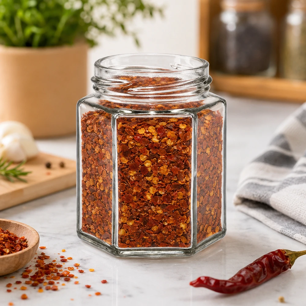 UNiTWIST Hexa196 kuusikulmainen maustepurkki 196ml täynnä chilihiutaleita keittiötasolla