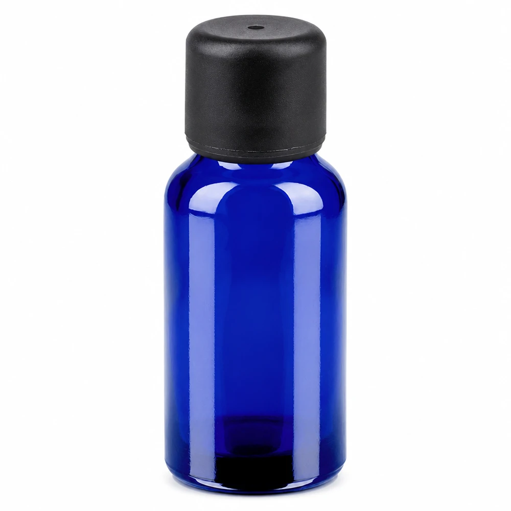 Sininen lasipullo 20ml mustalla korkilla SV 6mm eteerisiä öljyjä ja kosmetiikkaa varten.