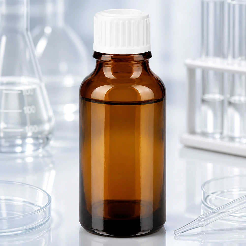 20 ml:n tiputuspullo, ruskeaa lasia, valkoisella kierrekorkilla, laboratoriokäyttöön