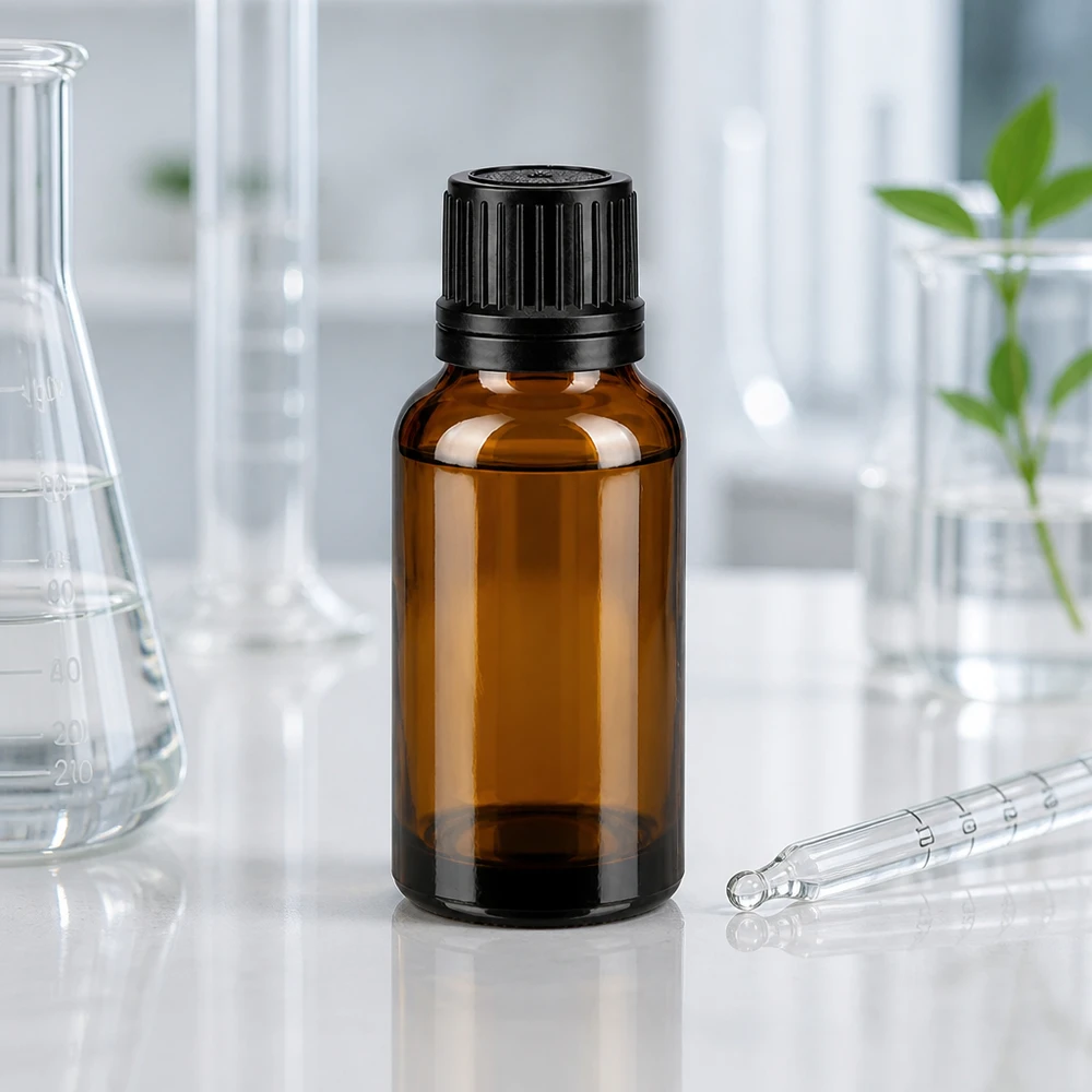 20 ml:n ruskealasi-tiputuspullo, jossa on 1 mm:n suuaukko ja musta OV-korkki, laboratoriossa
