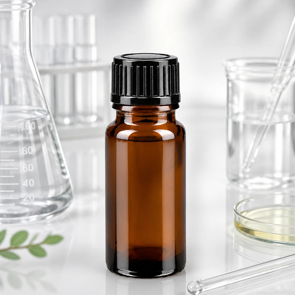 Apteekkipullo ruskea 10ml tiputuskorkki 1mm musta standardi 10 ml:n apteekkipullo, ruskeaa lasia, mustalla STD-korkilla ja 1 mm:n tippausaukolla laboratoriossa