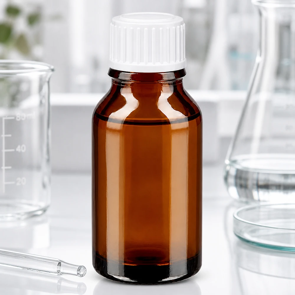 Apteekkipullo ruskea 15ml tiputuskorkki valkoinen 0.8mm vakio. Laboratoriossa käytettävä 15 ml:n meripihkavärinen lääkepullo, jossa on valkoinen kierrekorkki