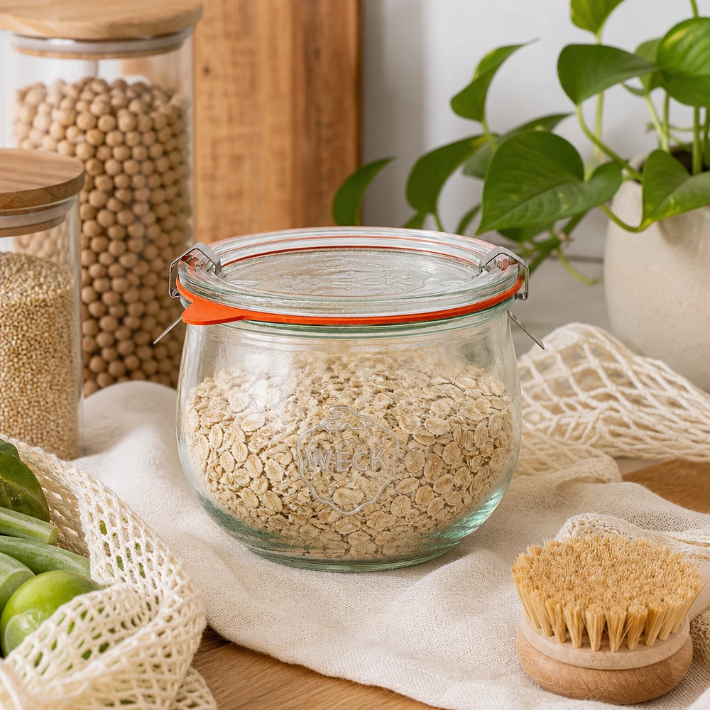 580ml tulppaanipurkki täydellinen WECK RR100 WECK tulppaanipurkki 580ml RR100 kaurahiutaleiden säilytykseen kestävässä keittiössä luonnonmateriaaleilla.
