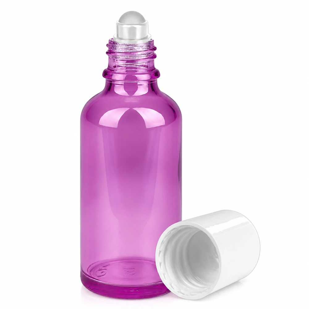 Roll-on pullo 50ml violetti läpinäkyvä, jossa on rullaava pallo eteerisille öljyille ja seerumeille.