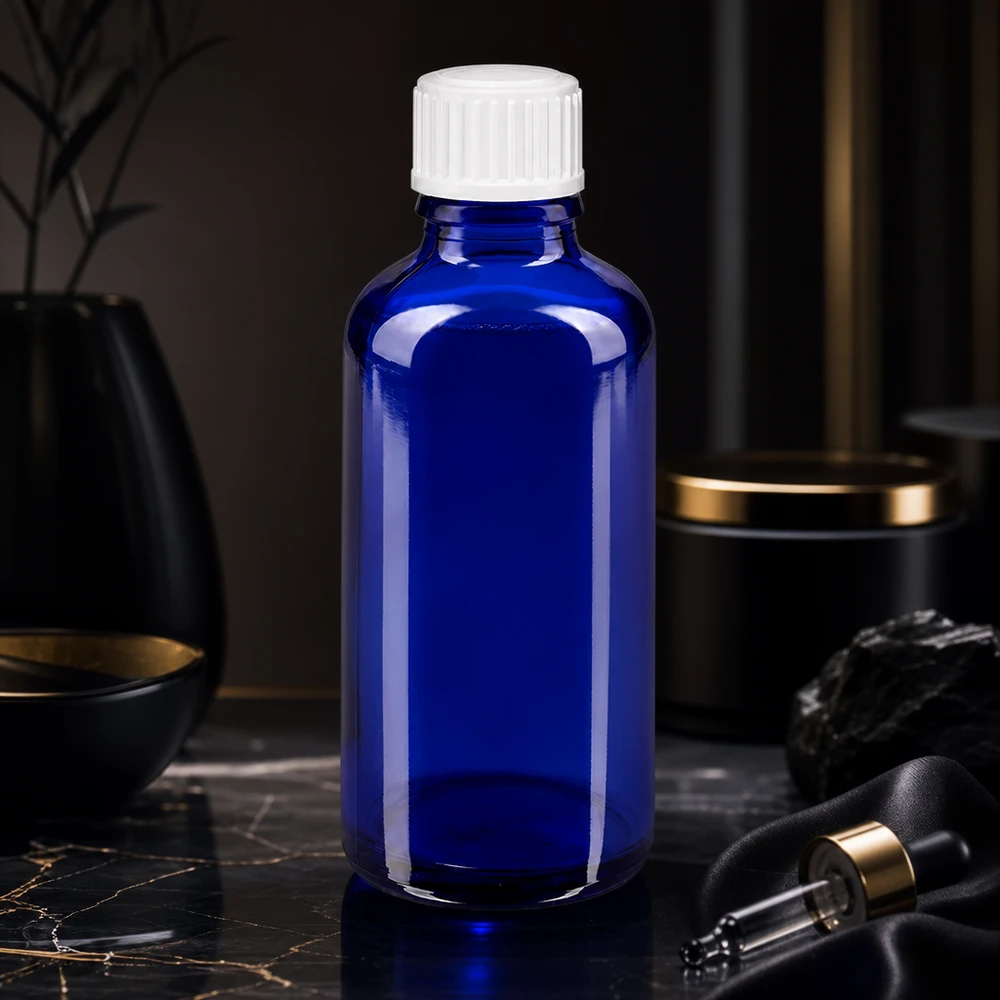 Koboltinsininen 50 ml:n apteekkipullo korkealaatuisesta lasista, valkoisella tippakorkilla, aukon halkaisija 3 mm