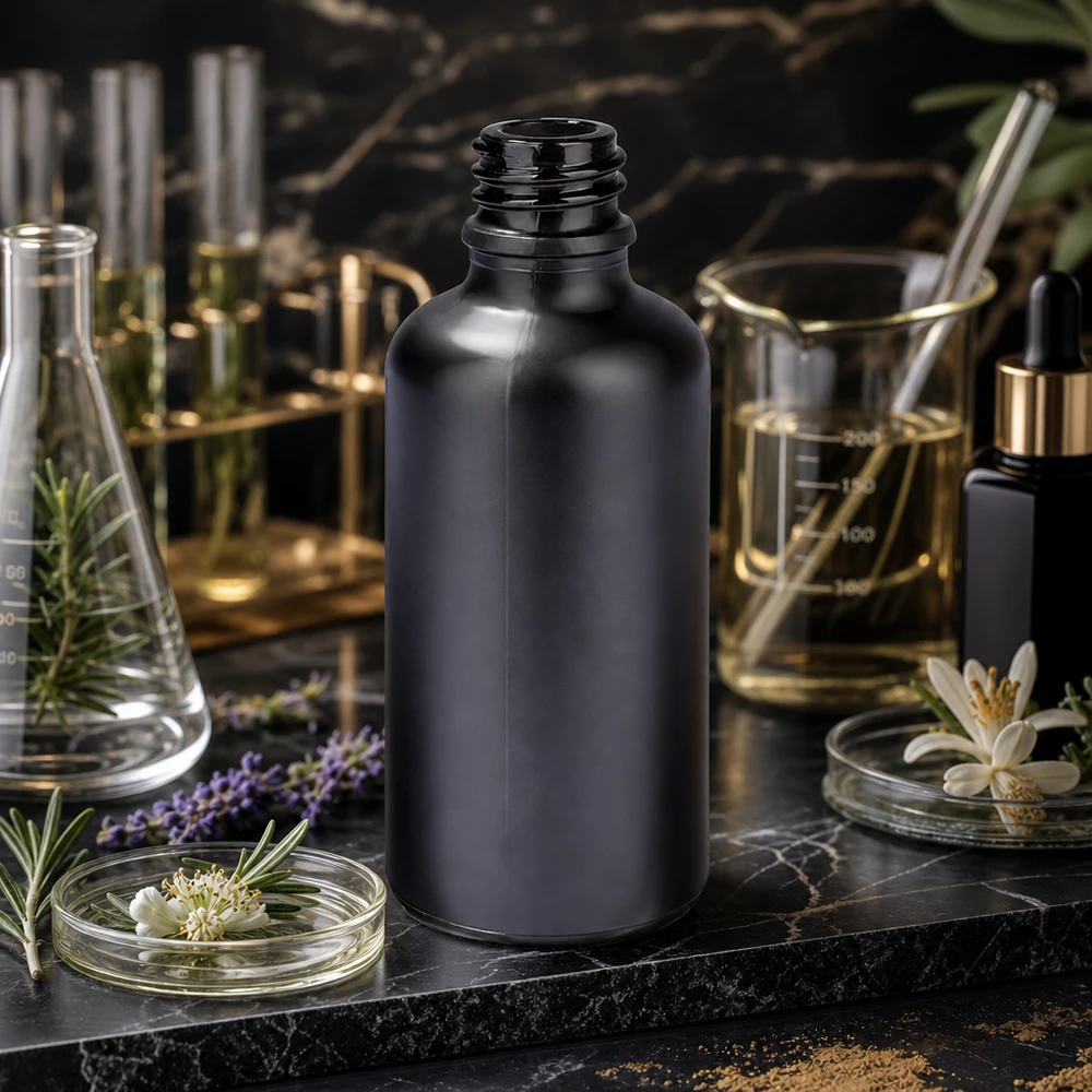 50ml annostelupullo BlackLine UT18/50 UNiTWIST UNiTWIST Tyylikäs 50 ml:n apteekkipullo BlackLine UT18/50 UNiTWIST mattapintaisella pinnalla aromaterapiaa varten.