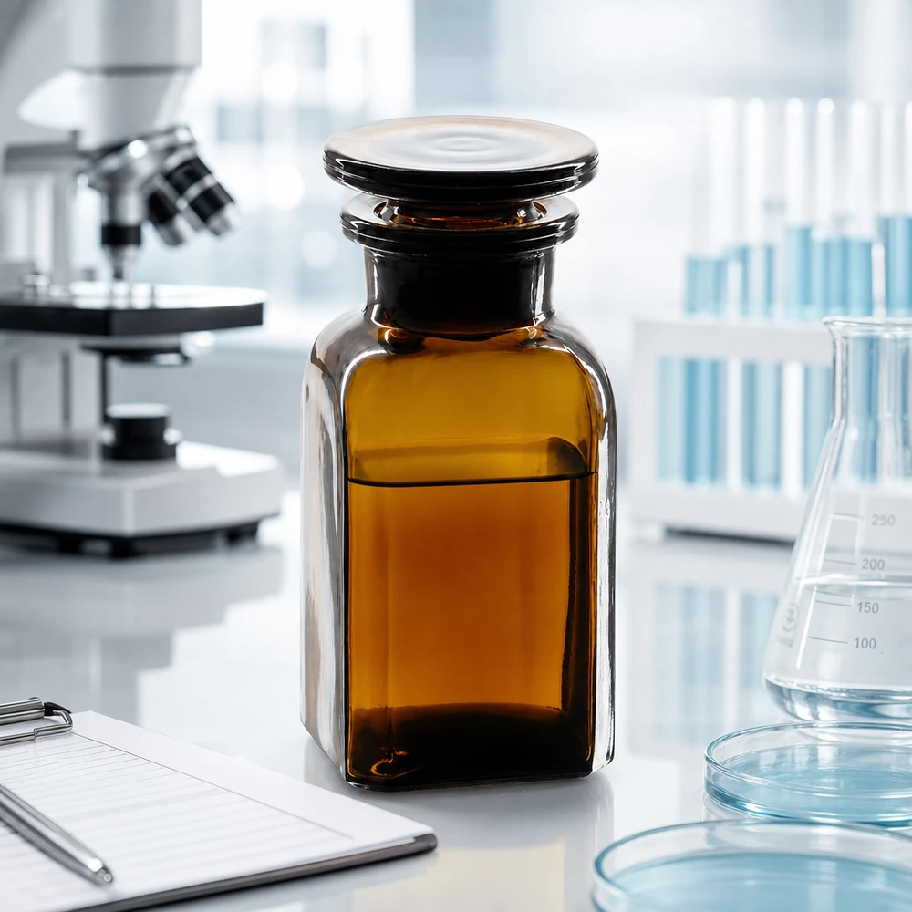 Nelikulmainen pullo 100ml ruskea leveäkaulainen lasitulppa Ruskea neliömäinen pullo, 100 ml, lasikorkki, laboratorioympäristössä mikroskoopin ja Erlenmeyer-pullon vieressä